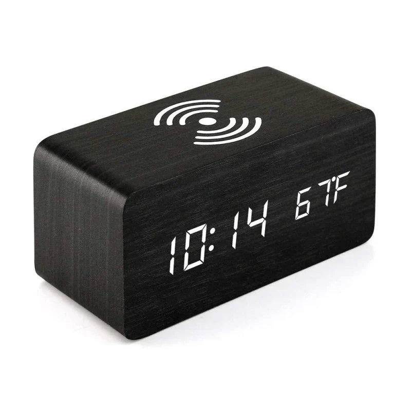 Voice Control Wooden Digital Alarm Clock Wireless Charging