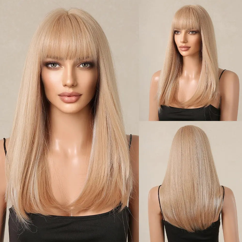 Blonde with Brown Highlight Long Straight Synthetic Wigs