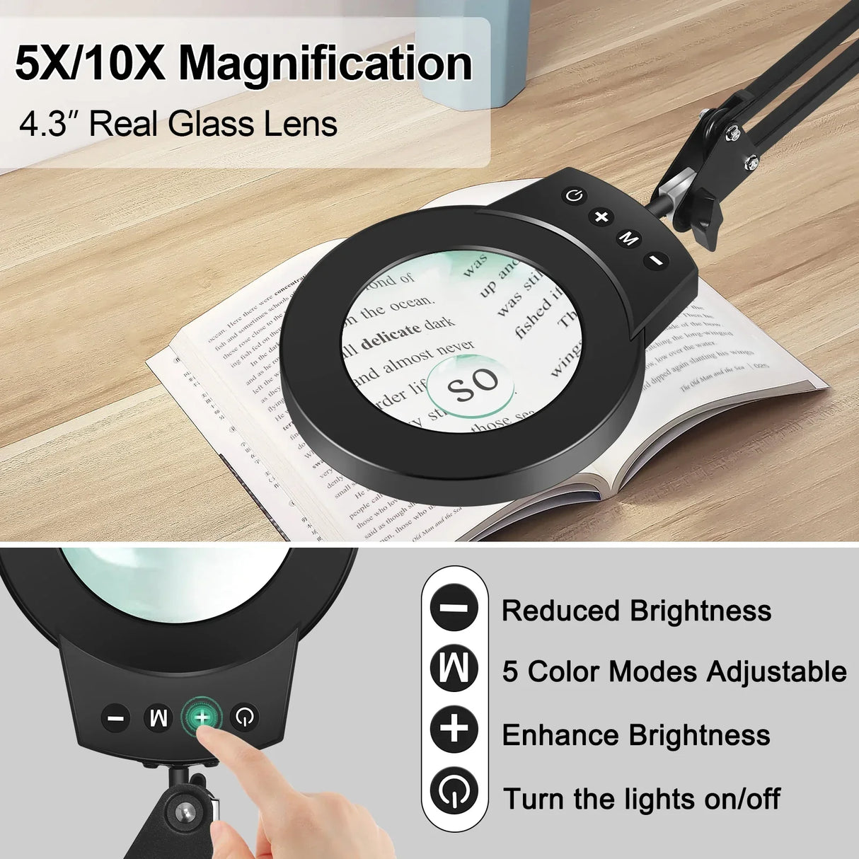 NEWACALOX 10X/5X Magnifier 5 Colors Illuminated Magnifying Glass