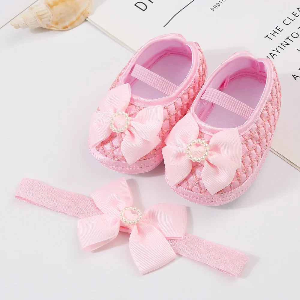 0~18M Cute Bowknot Newborn Baby Shoes Headband Set