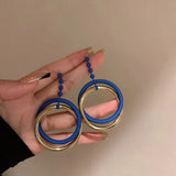 Long Retro Blue Flower Feather Tassel Dangle Earrings