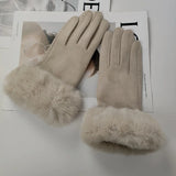 Women Faux Rabit Fur Wrist Suede Leather Touch