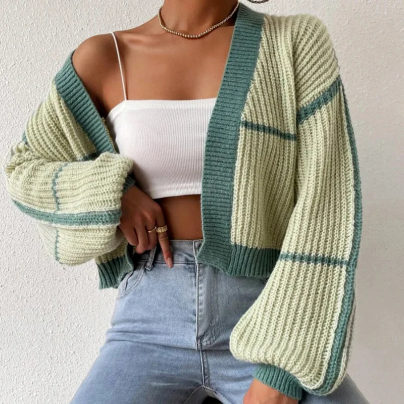 Autumn Winter Color Contrast V-neck Lady Knitting Cardigan