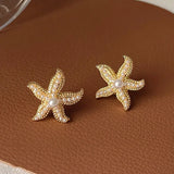 Classic Vintage Pearl Star Metal Starfish Earrings For