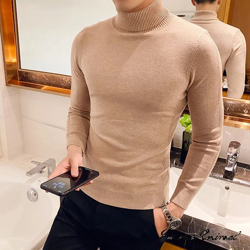 Autumn Mens Turteneck Sweatshirt Warm Solid Color Slim