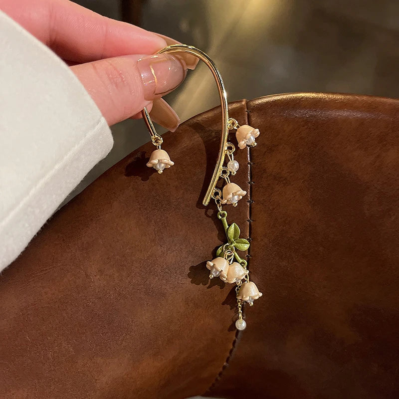 Fashion Bell Orchid Flower Pearl Tassel Clip Earrings