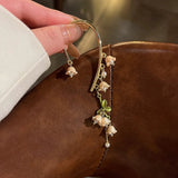 Fashion Bell Orchid Flower Pearl Tassel Clip Earrings