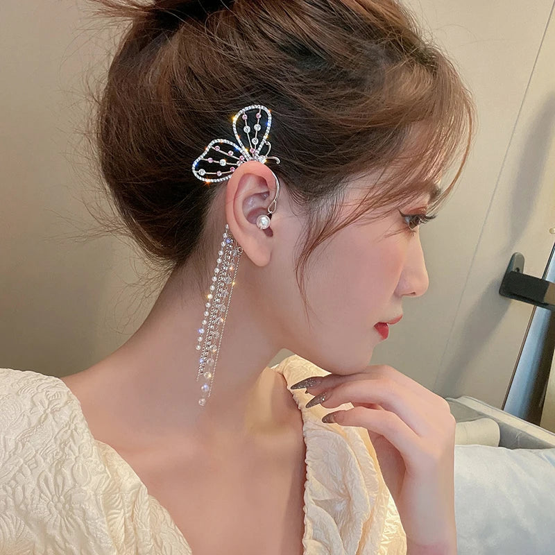 1PC Korea Luxury Long Tassel Single Clip Earrings