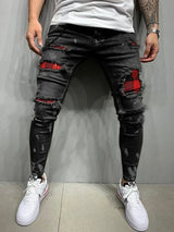 Distress Plaid Patch Holes Streetwear Ripped Skinny Jeans