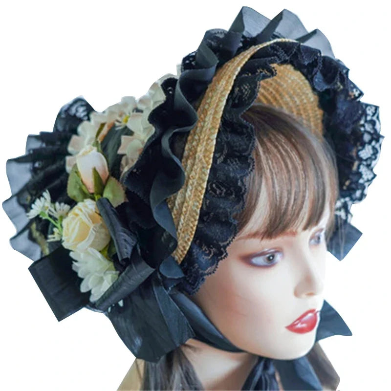 Japanese Lolita Sweet Handmade Straw Sun Hat Lace