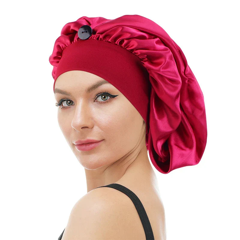 Satin Long Nightcap Wide Edge Adjustable Bonnet Women