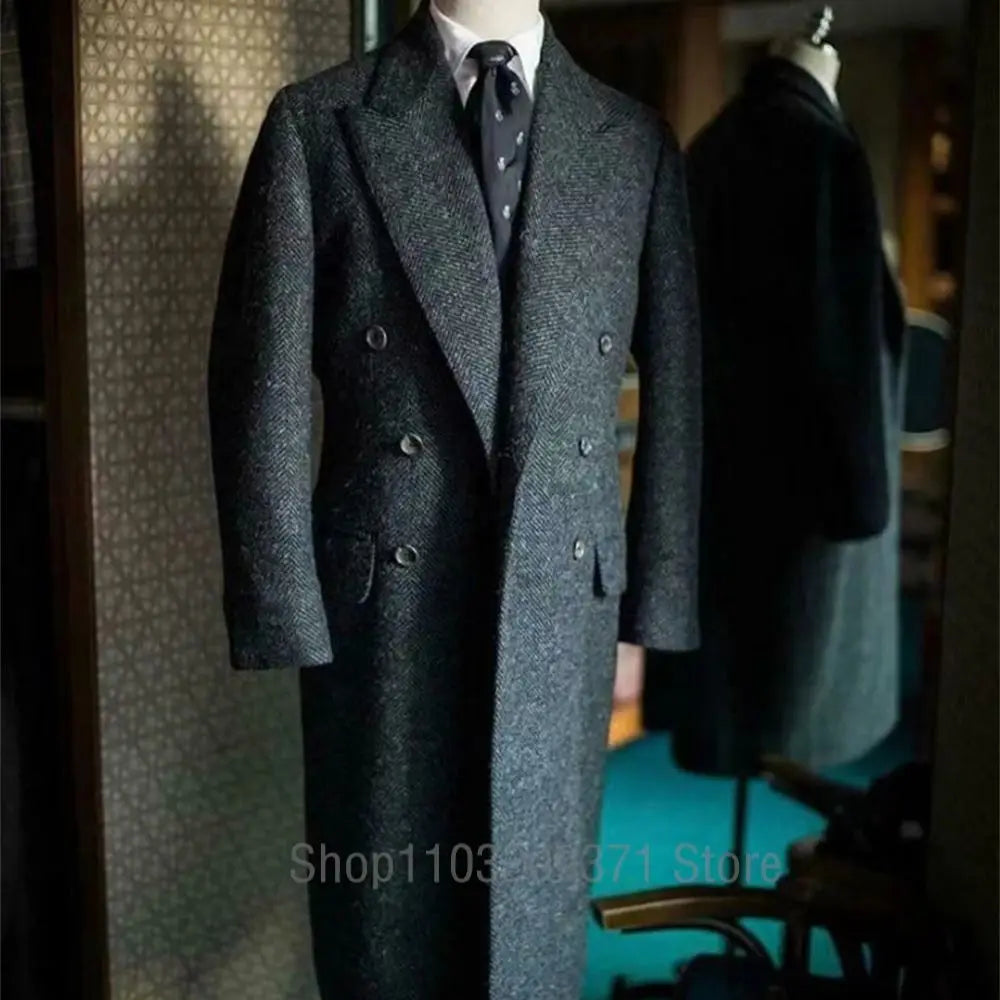 Herringbone Suit Jackets Men Tweed Wool Blend Trench