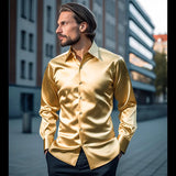 Mens Satin Silk Dress Shirt Long Sleeve Slim