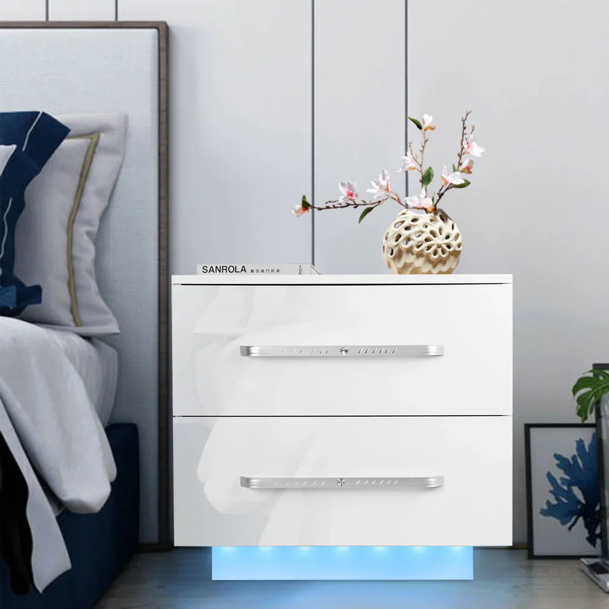 Modern Luxury LED Light Nightstand w/2 Drawers Organizer