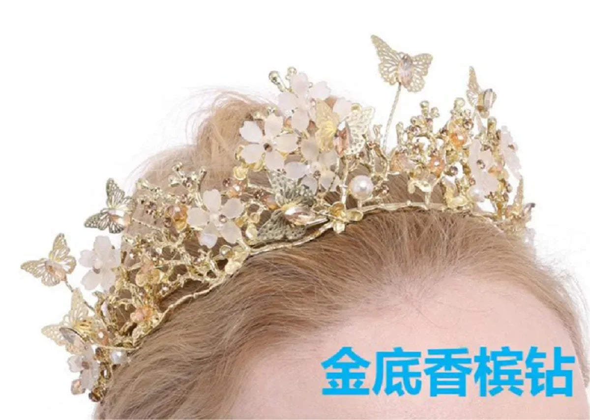 Handmade Bridal Pearl Rhinestone Crown Tiara Butterfly Floral