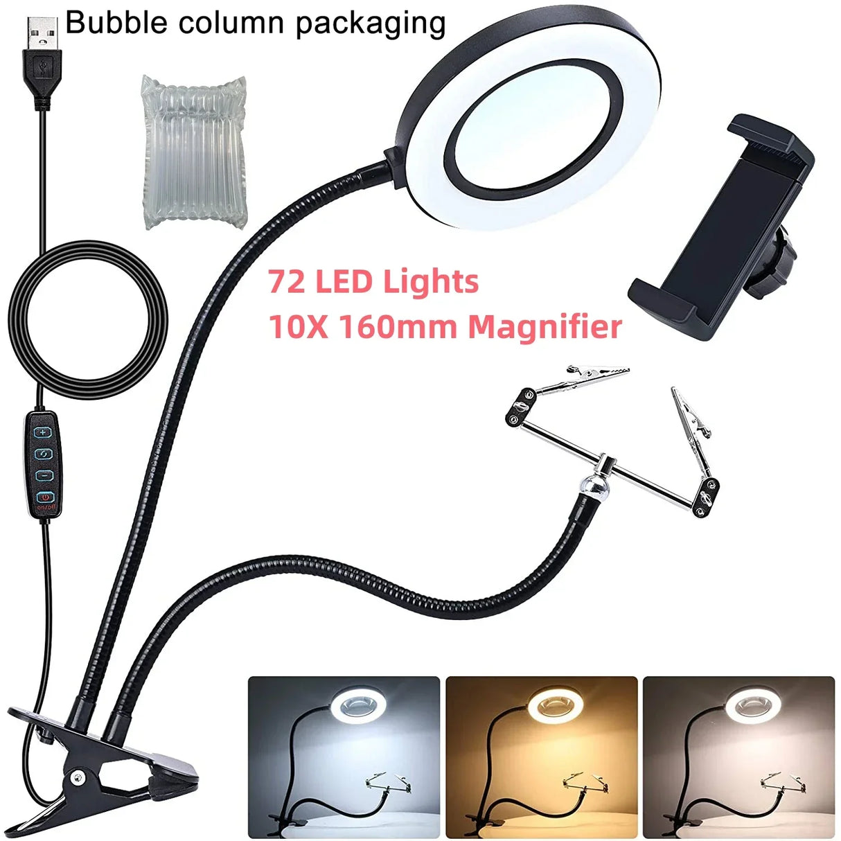 72LED 10X NEW Illuminated Magnifier USB 3 Colors