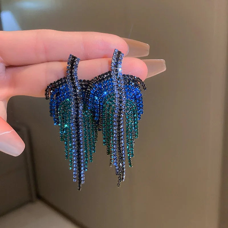Long Retro Blue Flower Feather Tassel Dangle Earrings