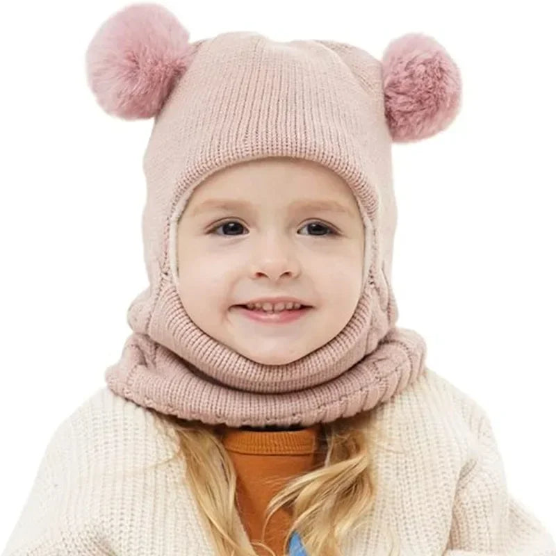 1-7Y Winter Baby Hat Scarf One-Piece Pompom Knit