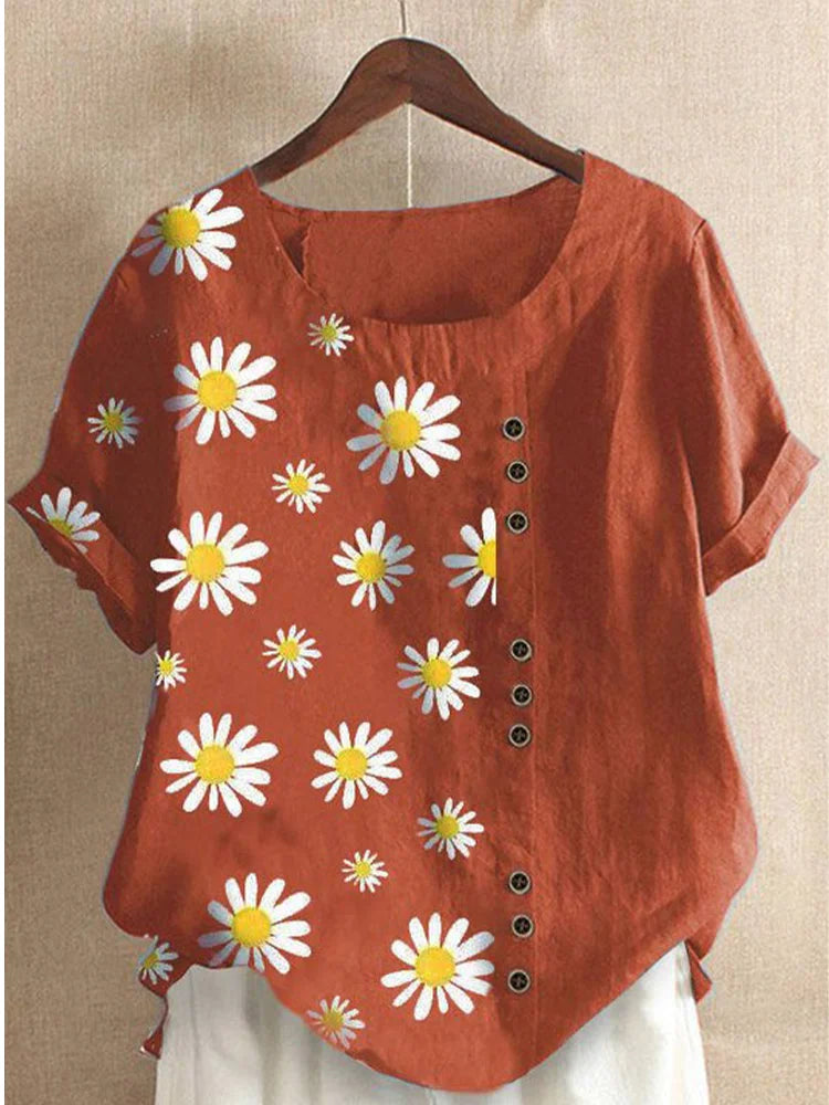 Plus Size DaisyPrint Cotton Linen Shirt Casual Summer