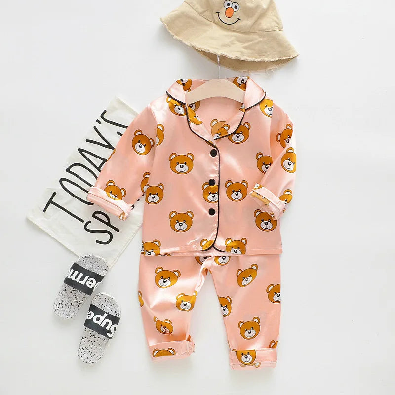 Toddler Girls Silk Satin Pajamas Sets Cartoon Kids