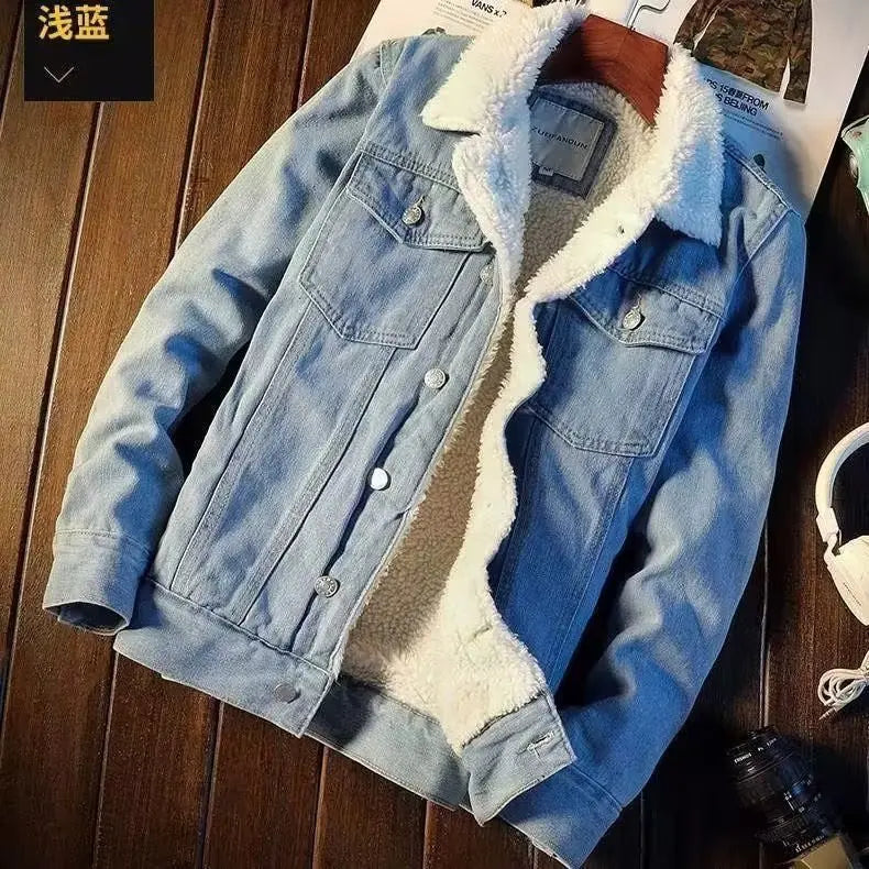 Winter Fleece Denim Jacket Men's Thickened Warm Sherpa