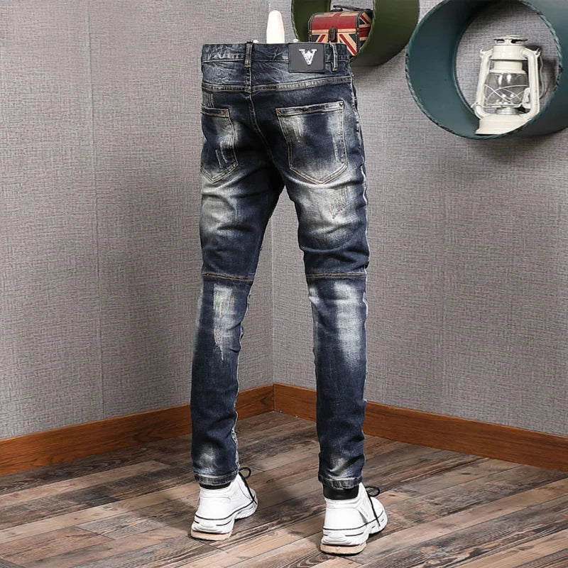 Fashion Streetwear Men Jeans Retro Black Blue Elastic