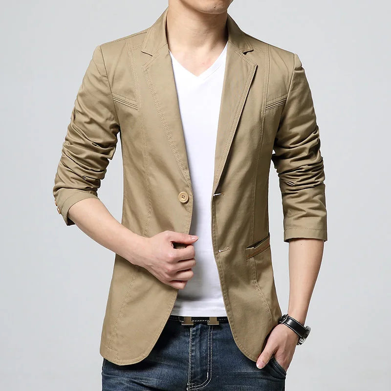 New Cotton Mens Casual Blazers Autumn Double Button