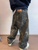 Tan Leopard Jeans Men Denim Pants Male Oversize