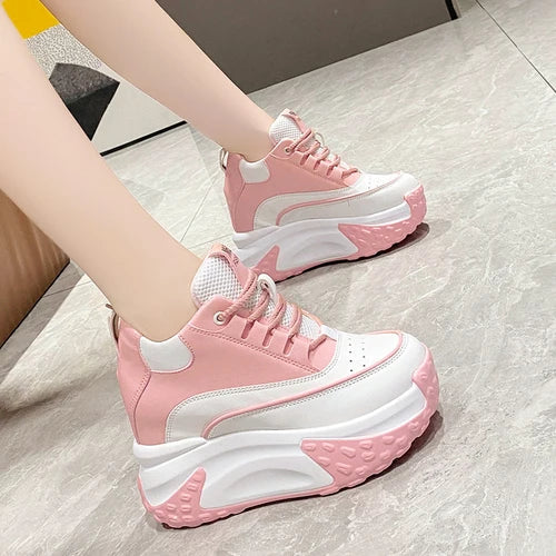 Women Platform Breathable Leather Shoes New Autumn Chunky Sneakers 10CM Wedge Hidden Heels Leisure Sports Casual Dad Shoes Woman