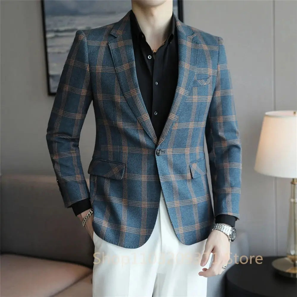 Top Quality Business Slim Fit Mens Plaid Blazer