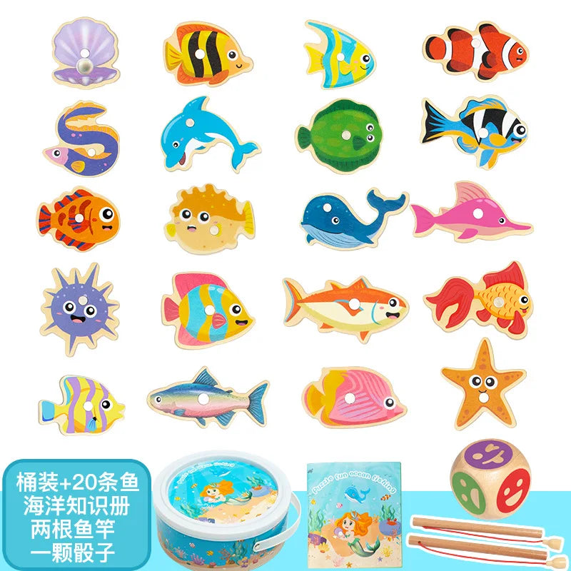 Wooden Magnetic Fishing Toys Baby Cartoon Marine Life