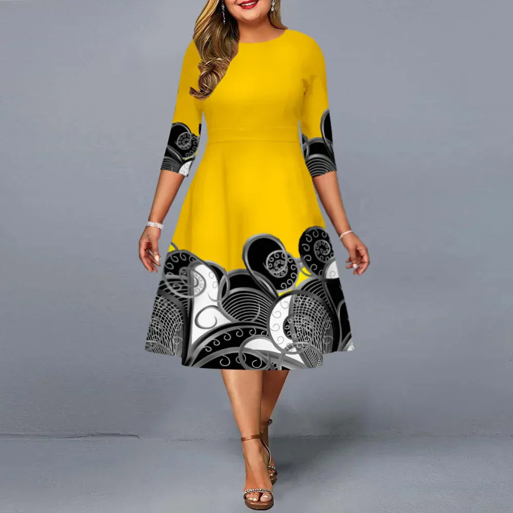 Plus Size Dress for Women Elegant Yellow Print