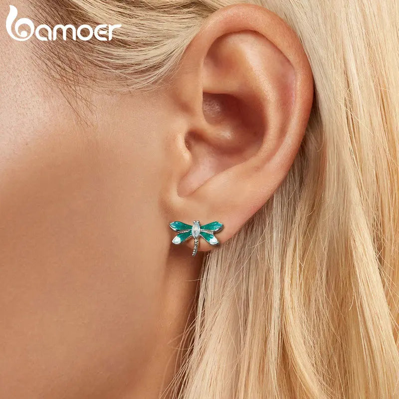 Bamoer 925 Sterling Silver Green Dragonfly Stud Earrings