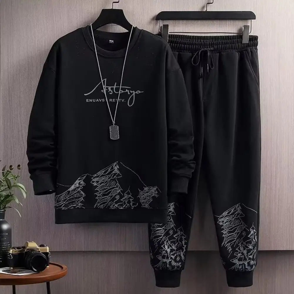 Pockets Jogging Suit Men's Mountain Print Casual Tracksuit