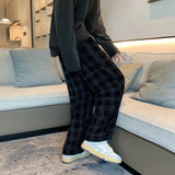 Men Checkered Casual Pants Loose Straight Corduroy Pants
