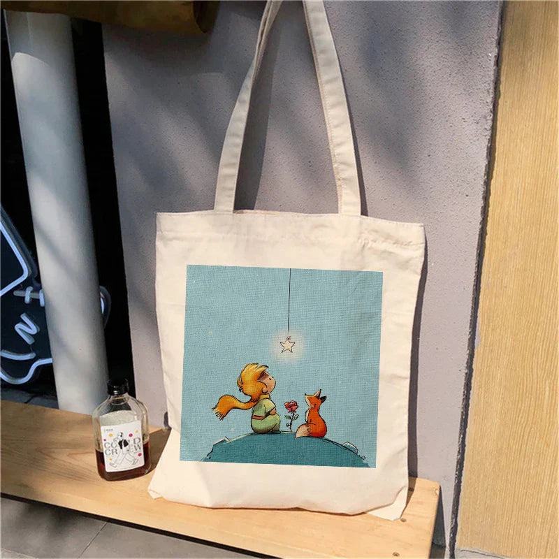 Fashion Trend Cartoon Print Canvas Tote Bag Korea Shopping Bag Ladies Daily Versatile Shoulder Bag Little Prince Pattern Handbag