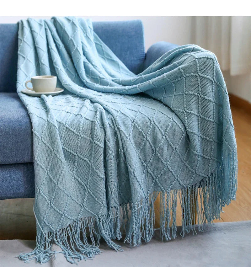 Textured Knitted Throw Blankets with Tassels Cozy Woven