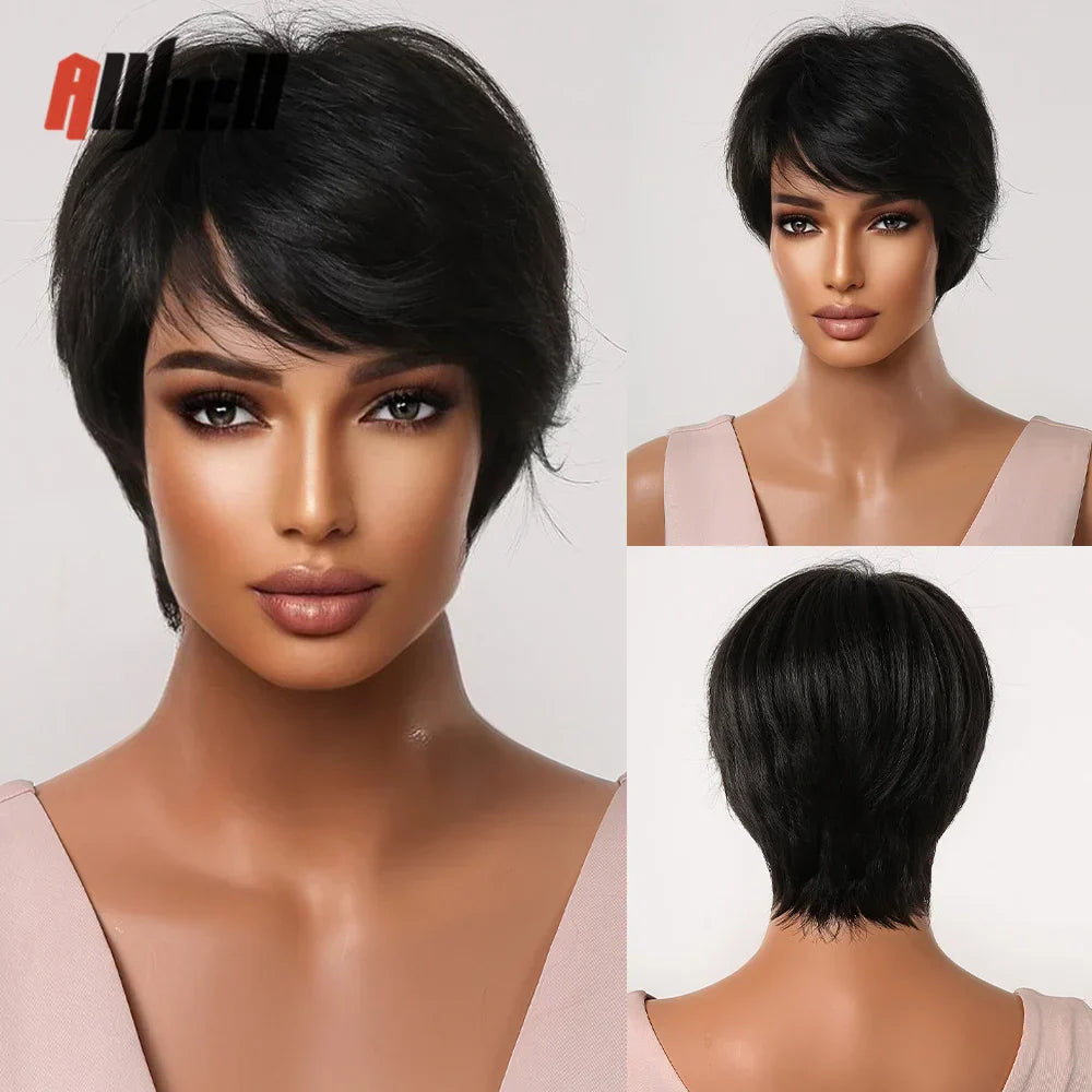 Short Pixie Cut Wig with Highlight Straight Chocolate