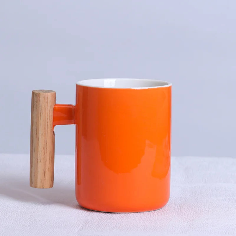 Nordic Wooden Handle Ceramic Porcelain Mug Coffee Cups