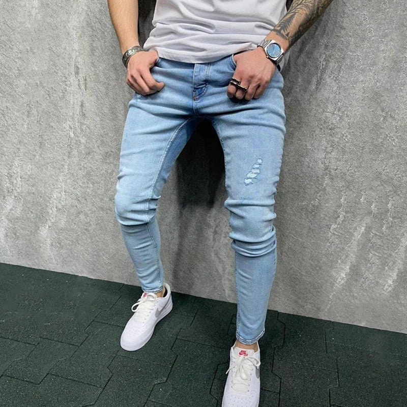 Fashion Men Holes Distressed Skinny Stretch Jeans Pants Streetwear Hip Hop Male Ripped Solid Denim Trousers