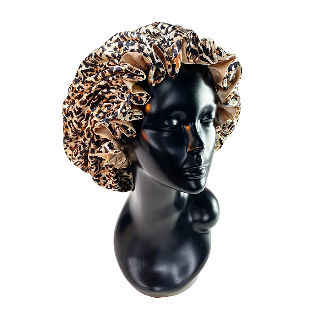 Leopard Print Double Layer Silky Bonnet Adjustable Elastic