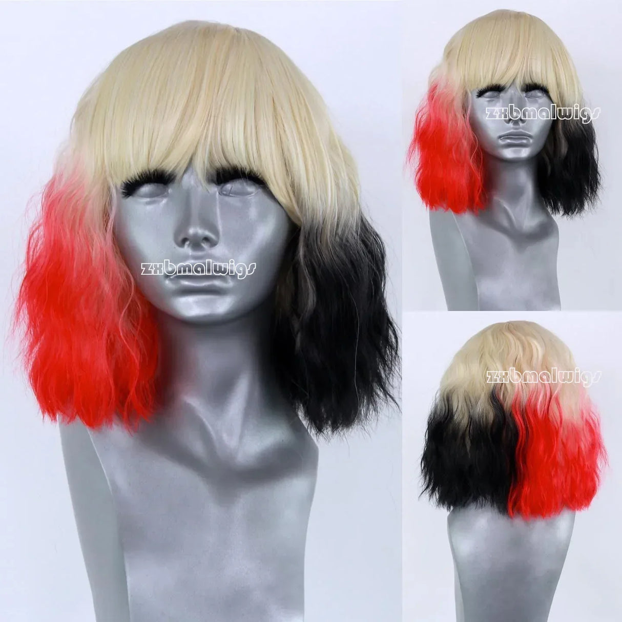 Ombre Blonde to Half Red Black Wavy Synthetic