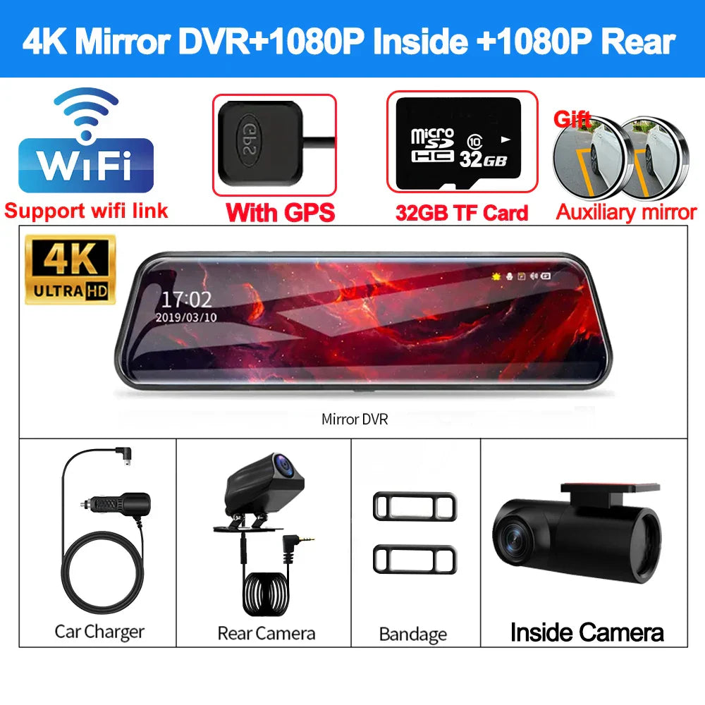 4K Front and Rear Camera Mirror GPS Car