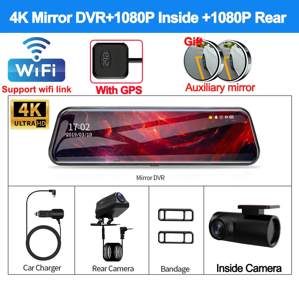 4K Front and Rear Camera Mirror GPS Car