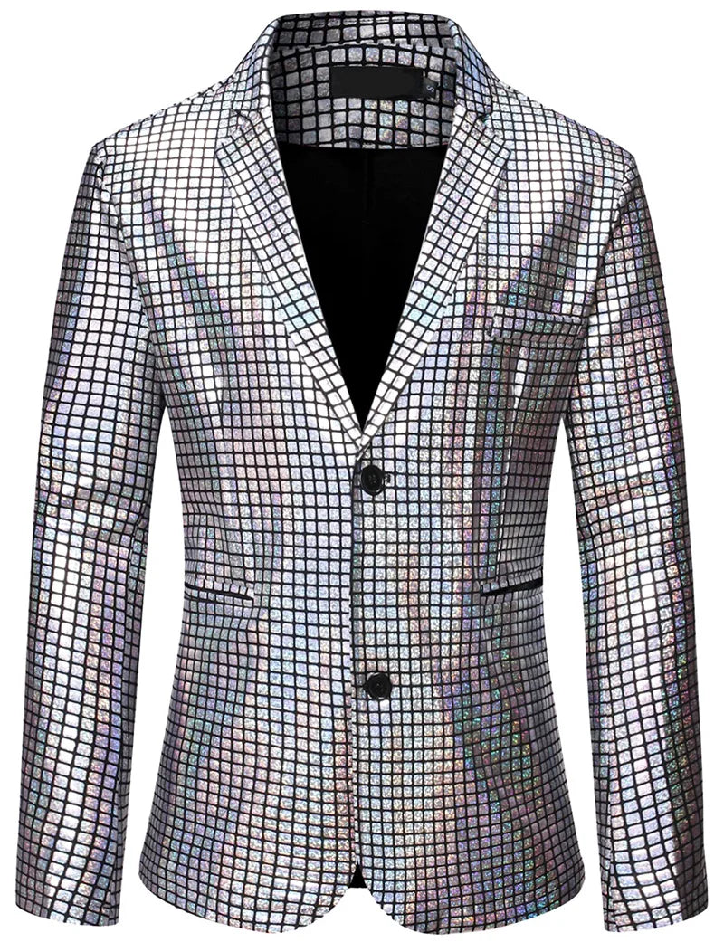 Mens Stage Prom Suits Shiny Rainbow Plaid Sequin