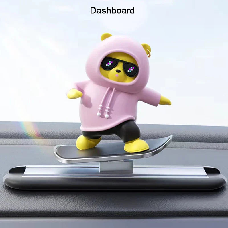 Creative Car Ornament Funny Cartoon skateboarding Bear Removable
