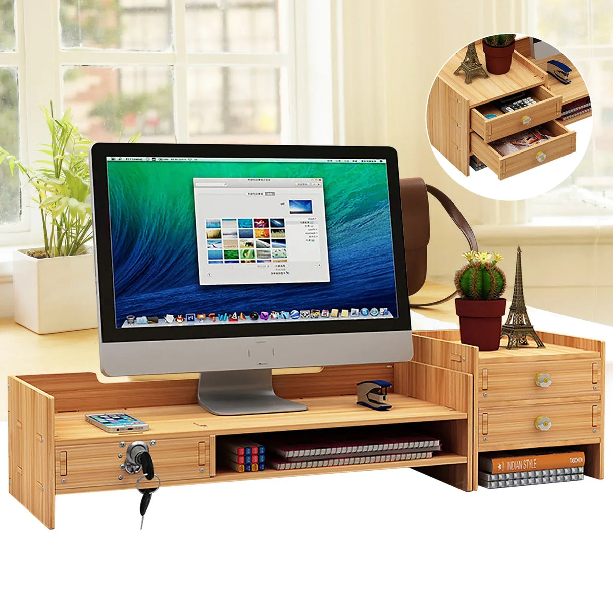 Wooden Desk Organizer with Drawers Office Supplies Computer