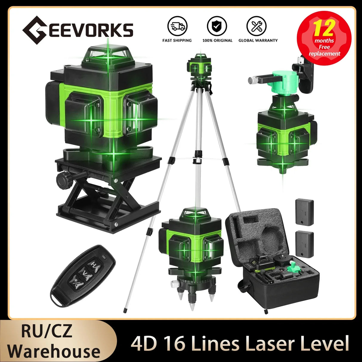 4D 16-Line Self-Leveling Laser Level, USB Rechargeable Green Laser Tool