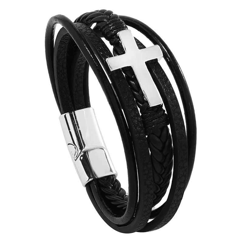 Trendy Leather Bracelets Men Stainless Steel Multilayer Braided