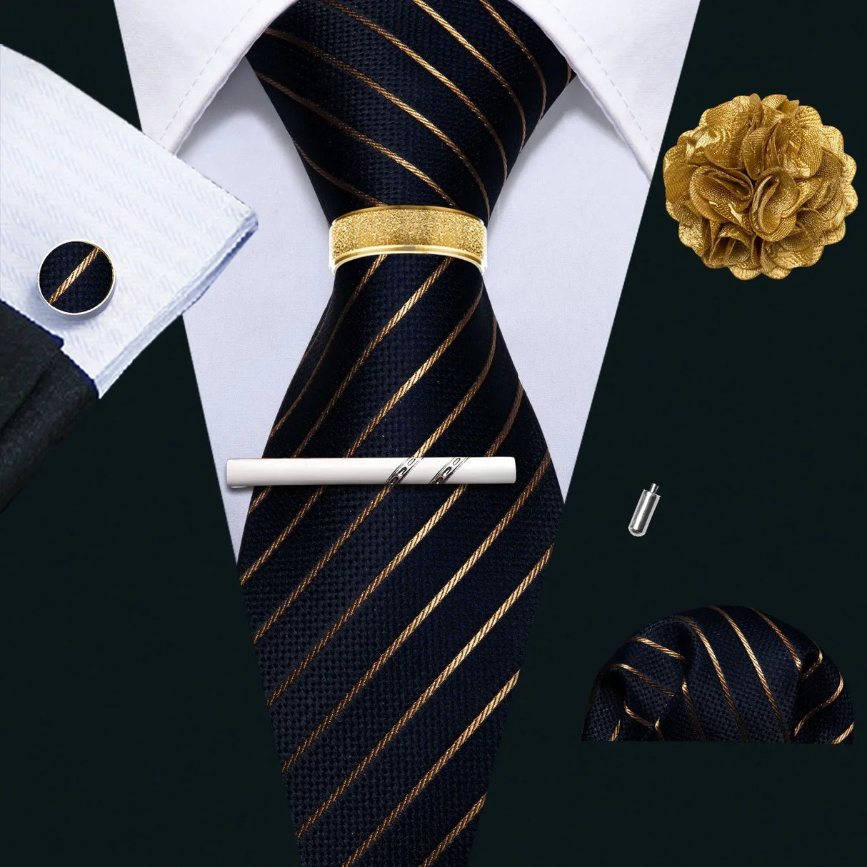 Barry.Wang Silk Mens Tie Hanky Cufflinks Clip Brooch